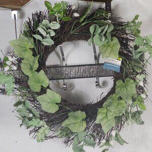 Hudson Farmhouse White Cottonwood Flowers on an Indoor Only 15" Greenery Wreath